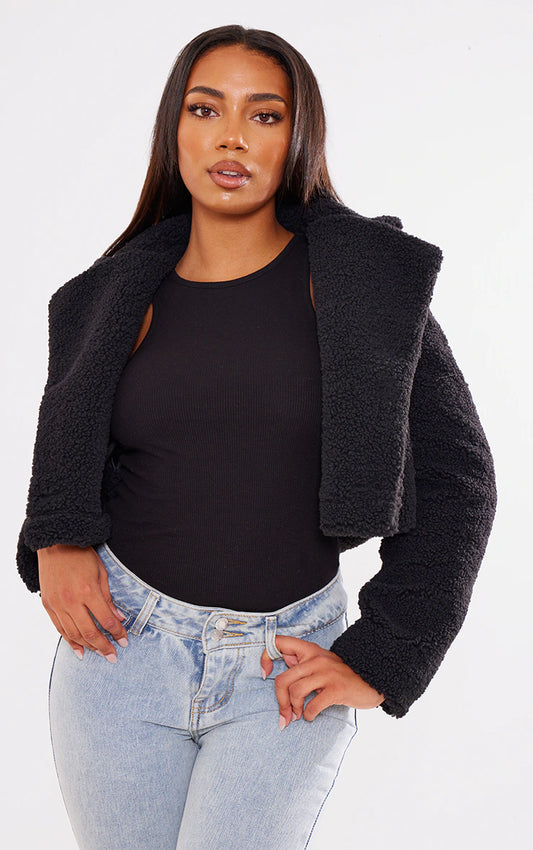 TALL BLACK TEDDY FUR BUTTON CROPPED COAT