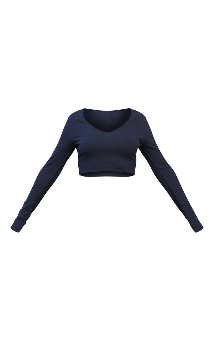 Basic Black Rib V Neck Long Sleeve Crop Top