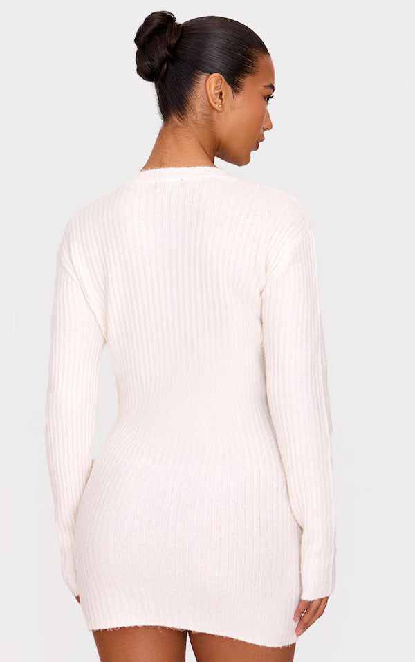 Cream Soft Textured Rib Knit Mini Dress – DEXISTREND