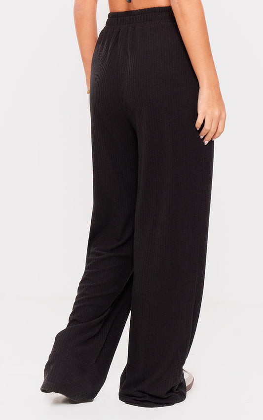 Black Soft Brushed Rib Wide Leg Pants