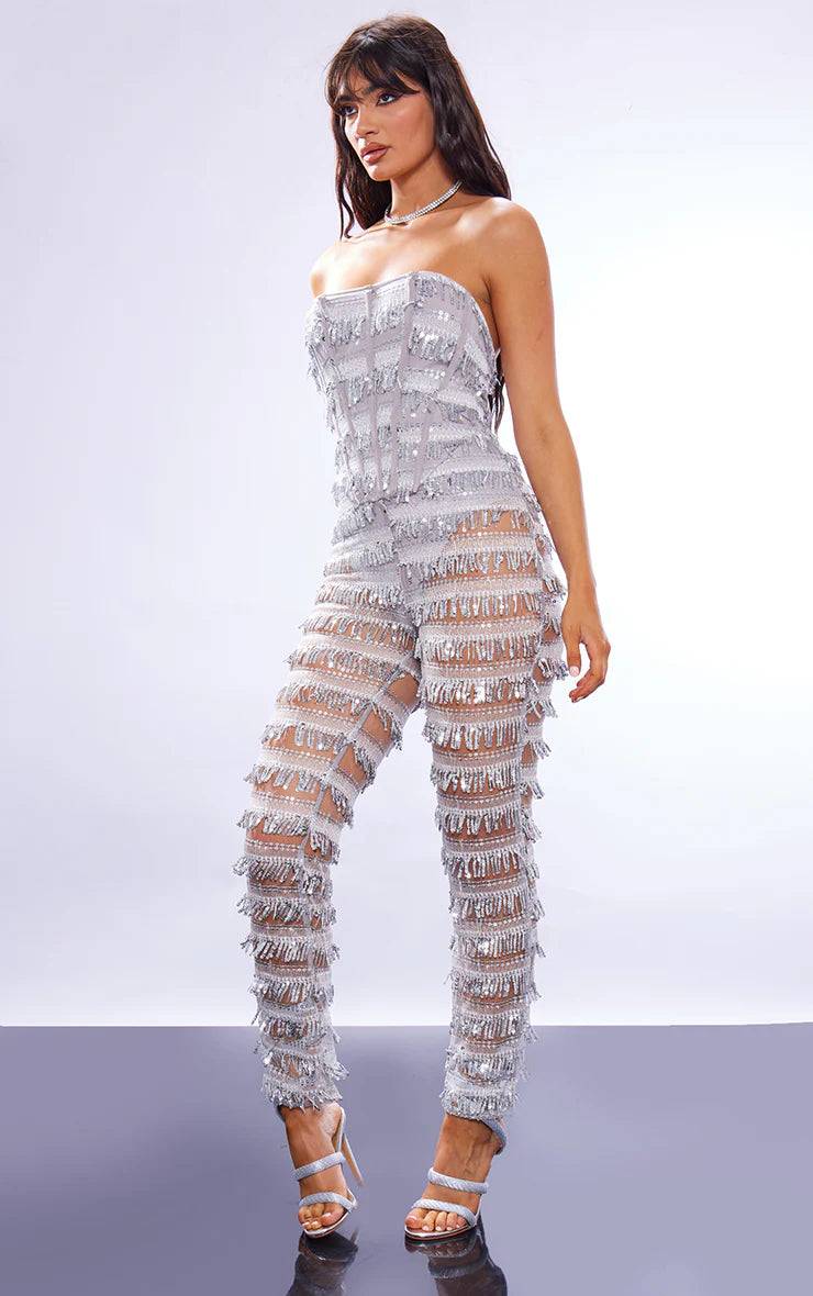 Silver Tassel Sequin Corset Bandeau Jumpsuit