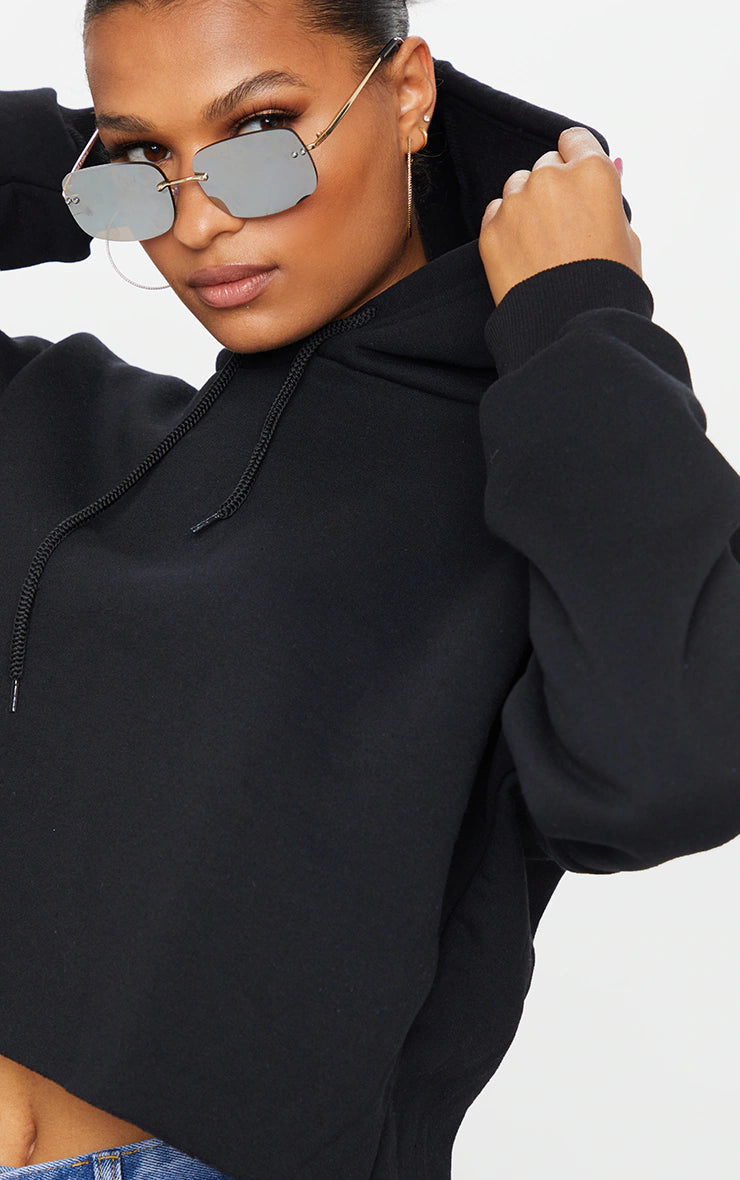 Black Oversized Fit Cropped Hoodie