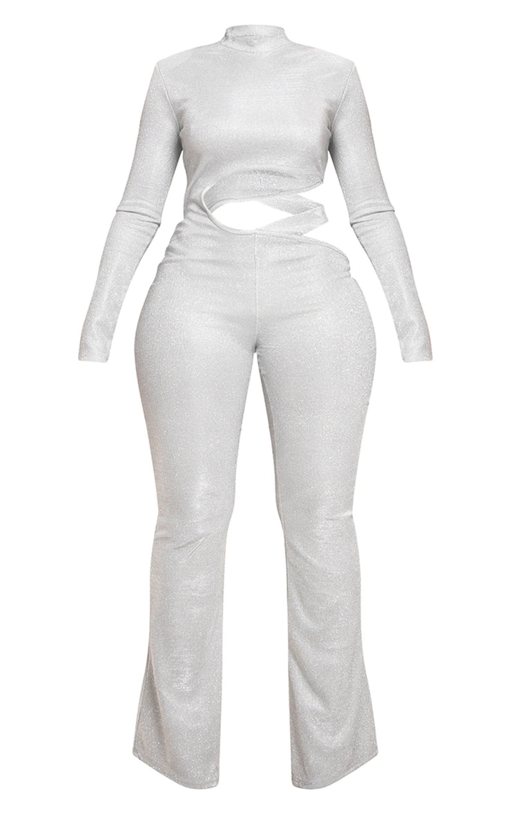 Shape Silver Glitter Long Sleeve Cut Out Side Jumpsuit