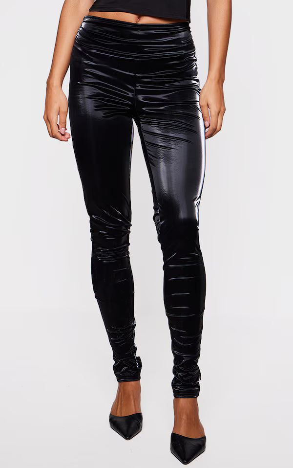 Plt - Black Matte Vinyl Low Rise Fold Over Waist Pants