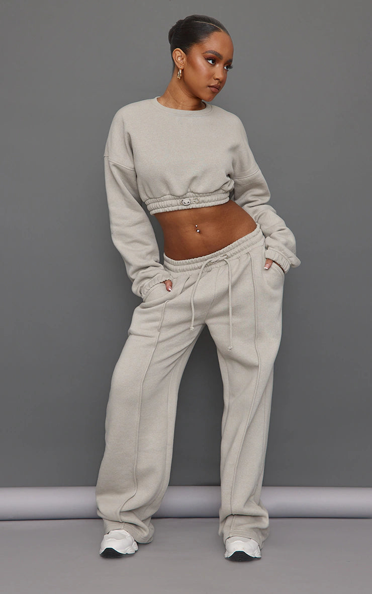 Petite Moss Grey Wide Leg Seam Detailed Sweatpants