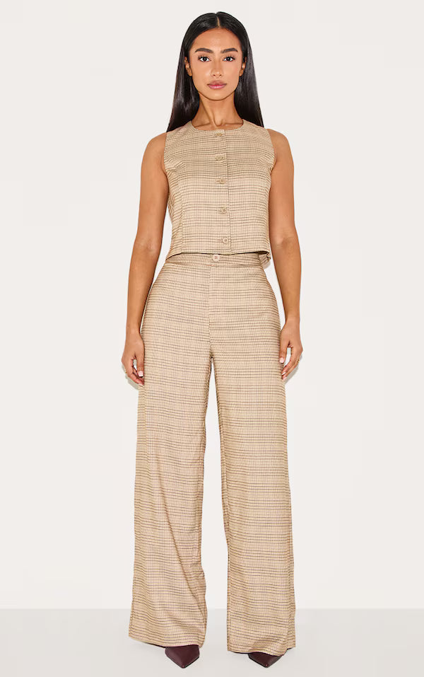 Petite Brown Checked Wide Leg Pants