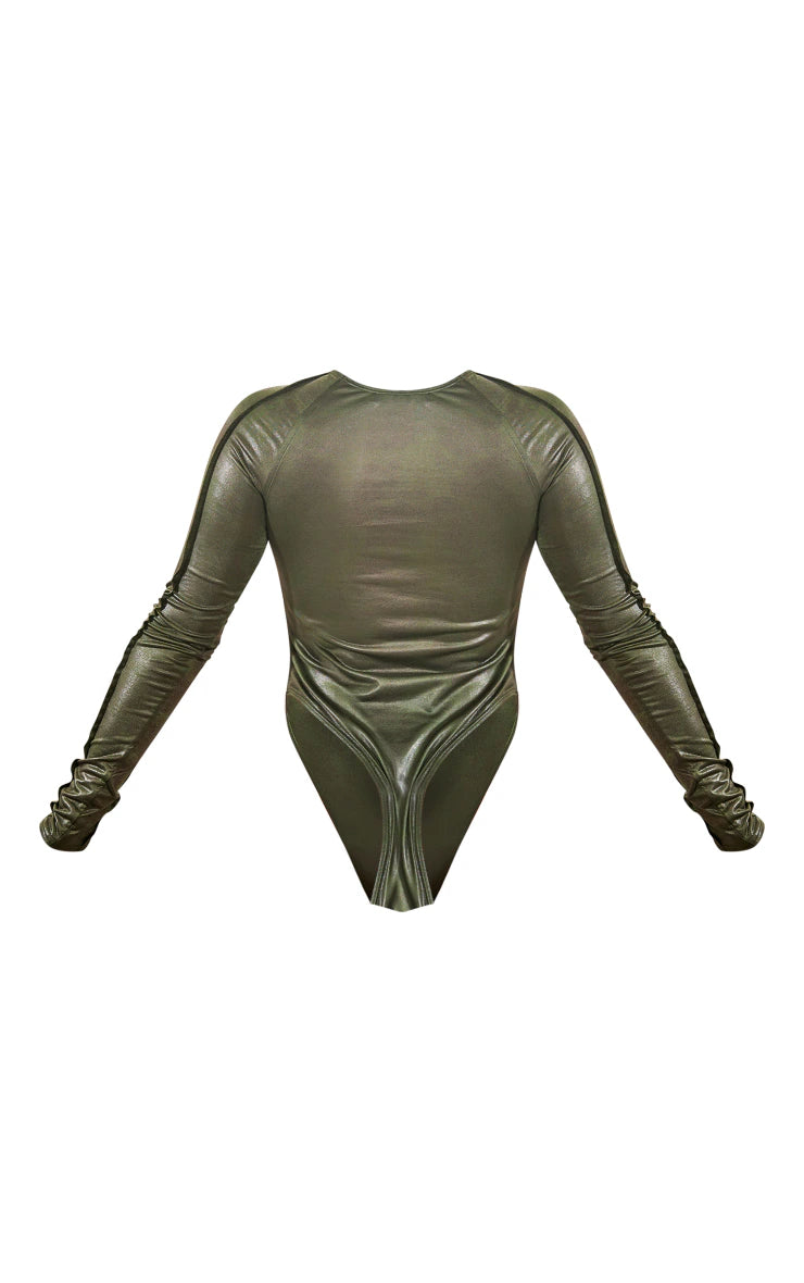 Dark Khaki Disco Cut Out Silver Detail Bodysuit