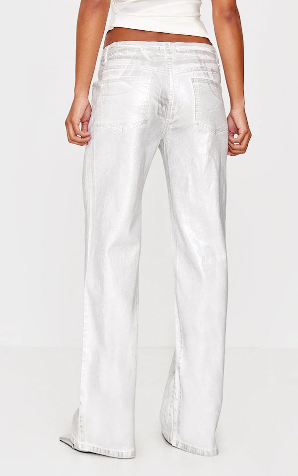 Plt - White Metallic Effect Low Rise Wide Leg Jeans