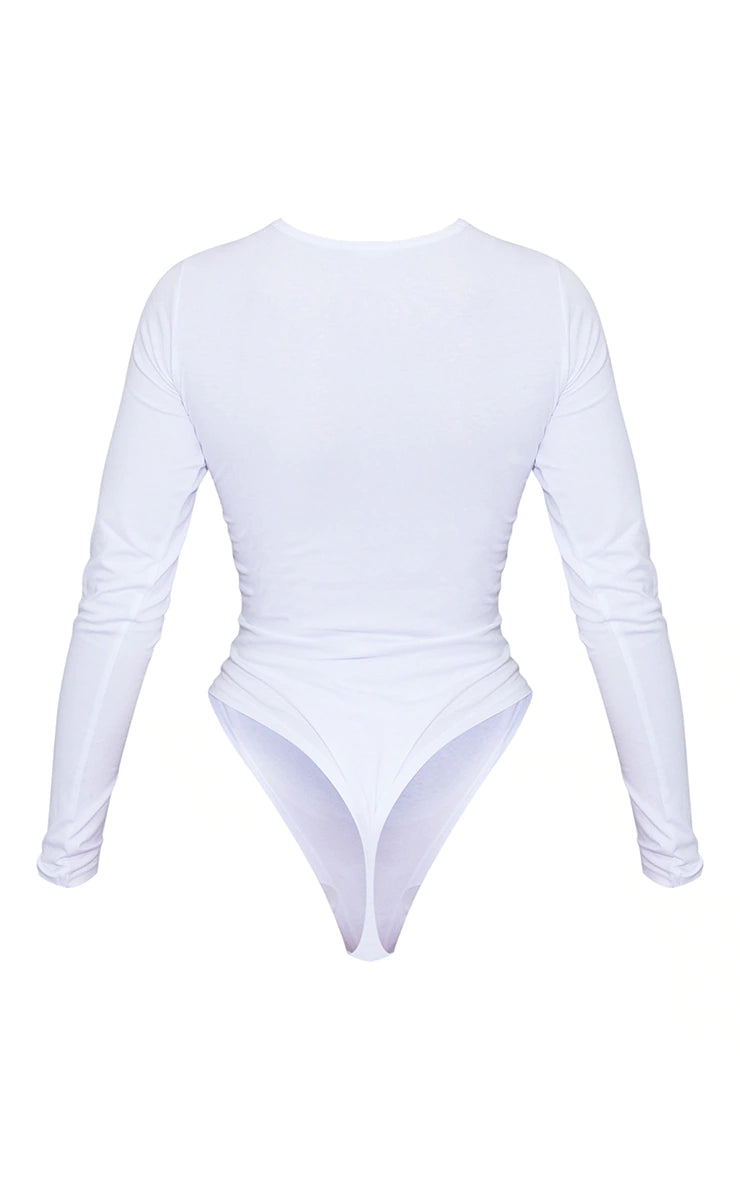 Basic White Cotton Blend Crew Neck Bodysuit