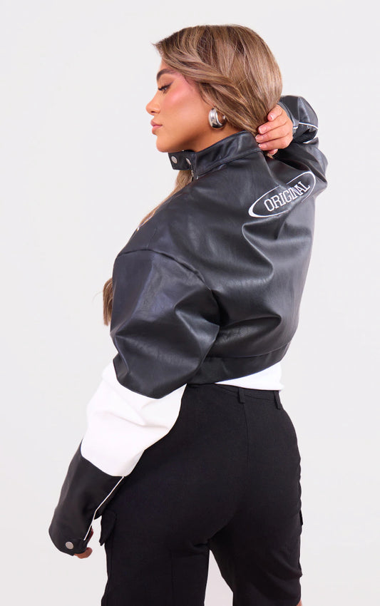 BLACK FAUX LEATHER CONTRAST PANEL CUBA GRAPHIC CROP RACER JACKET