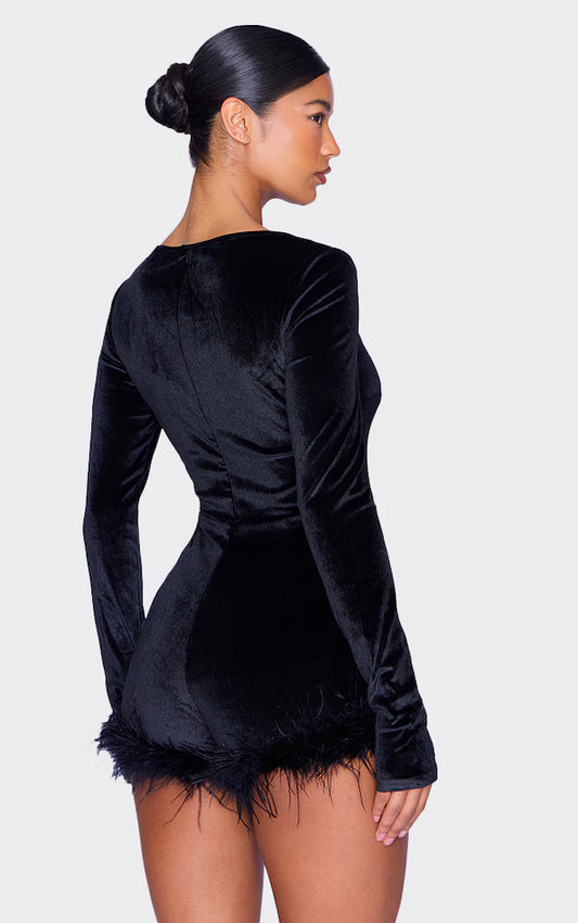 Black Velvet Long Sleeve Feather Trim Playsuit