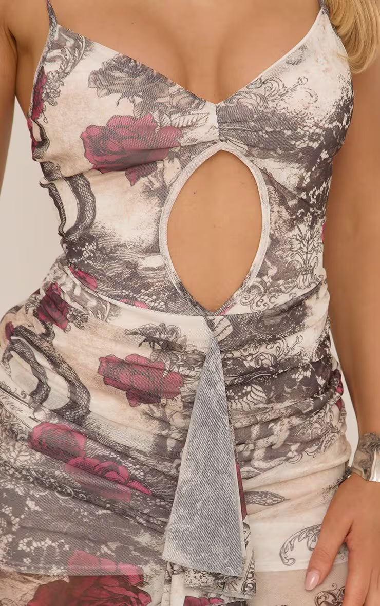Ego - Strappy Cut Out Front Draped Asymmetric Maxi Dress In Multi Rose Print