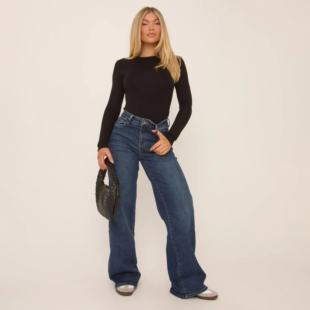 High Waist Wide Leg Stretchy Jeans In Dark Blue Denim