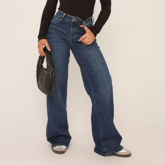 High Waist Wide Leg Stretchy Jeans In Dark Blue Denim