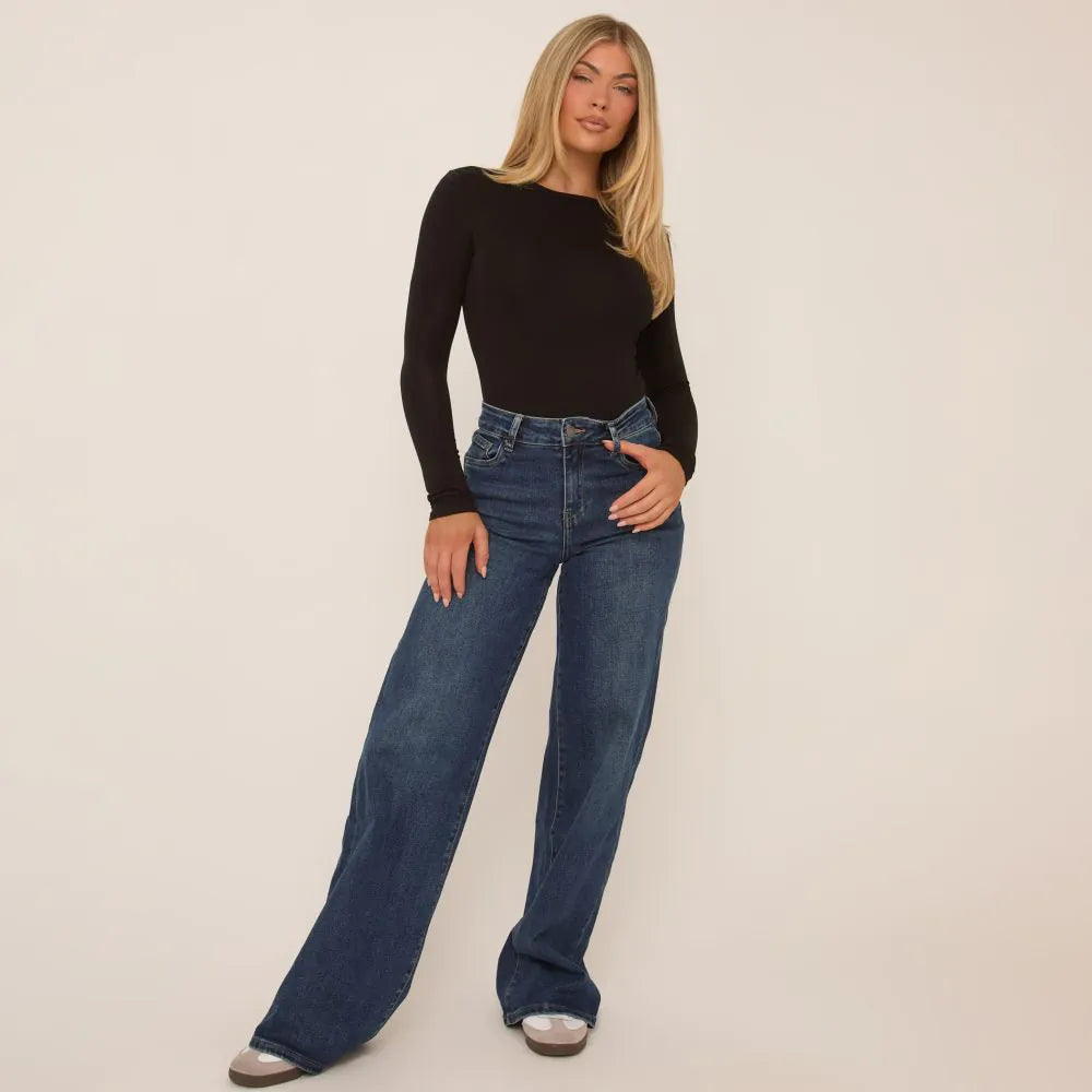 High Waist Wide Leg Stretchy Jeans In Dark Blue Denim