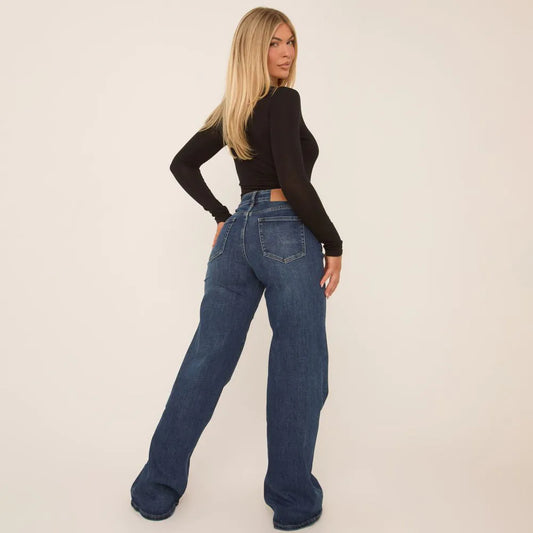 High Waist Wide Leg Stretchy Jeans In Dark Blue Denim