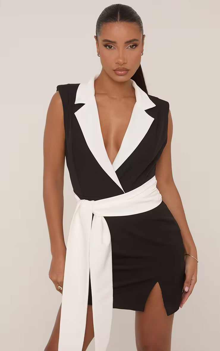 Ego - Sleeveless Contrast Trim Tie Waist Blazer Dress In Black