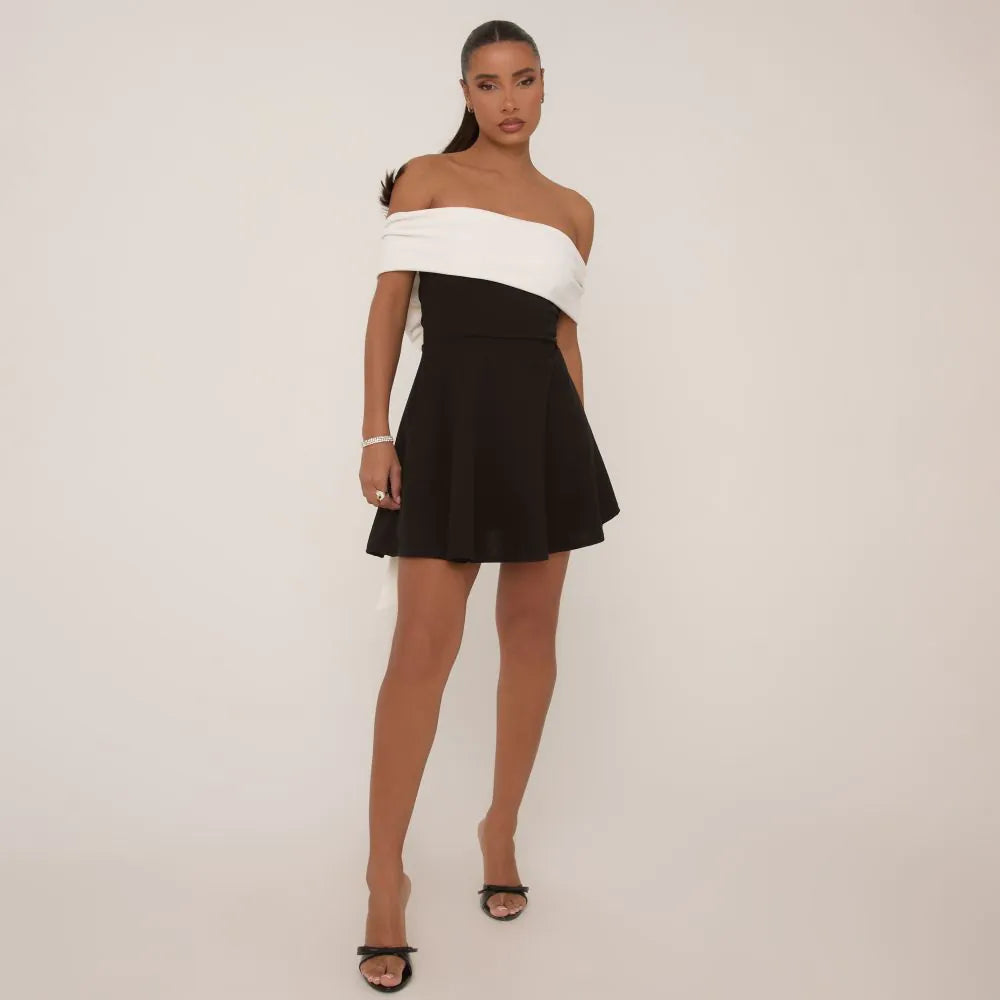 Contrast Bardot Bow Tie Back Detail Mini Dress In Black