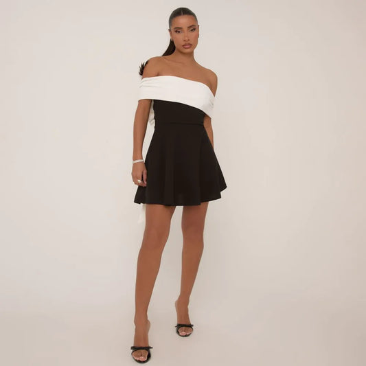 Contrast Bardot Bow Tie Back Detail Mini Dress In Black