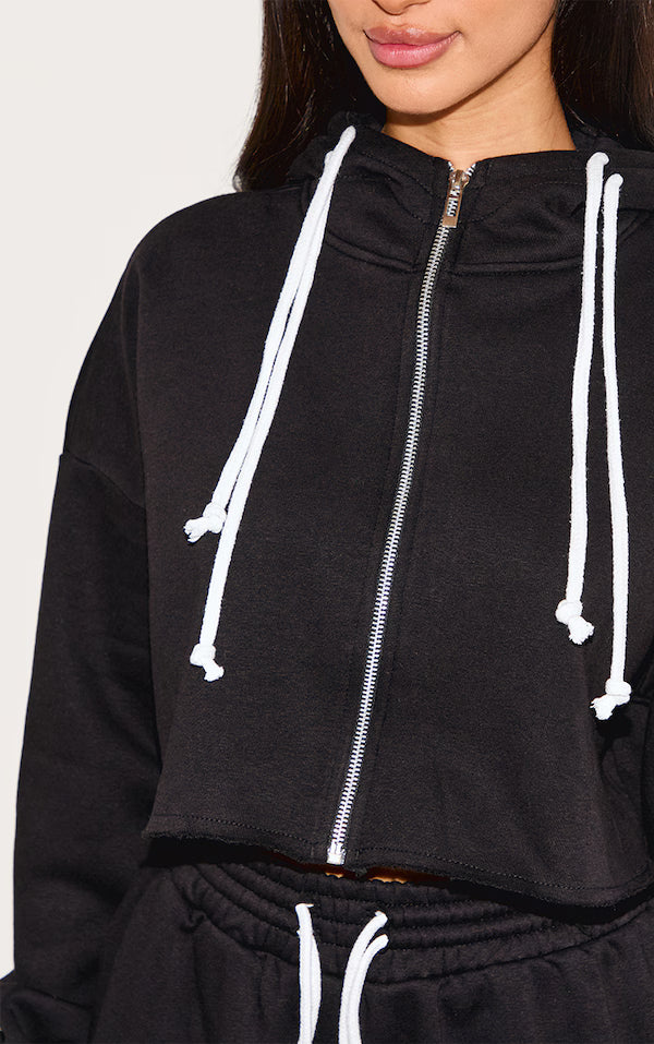 Petite Black Contrast Drawstring Cropped Zip Up Hoodie
