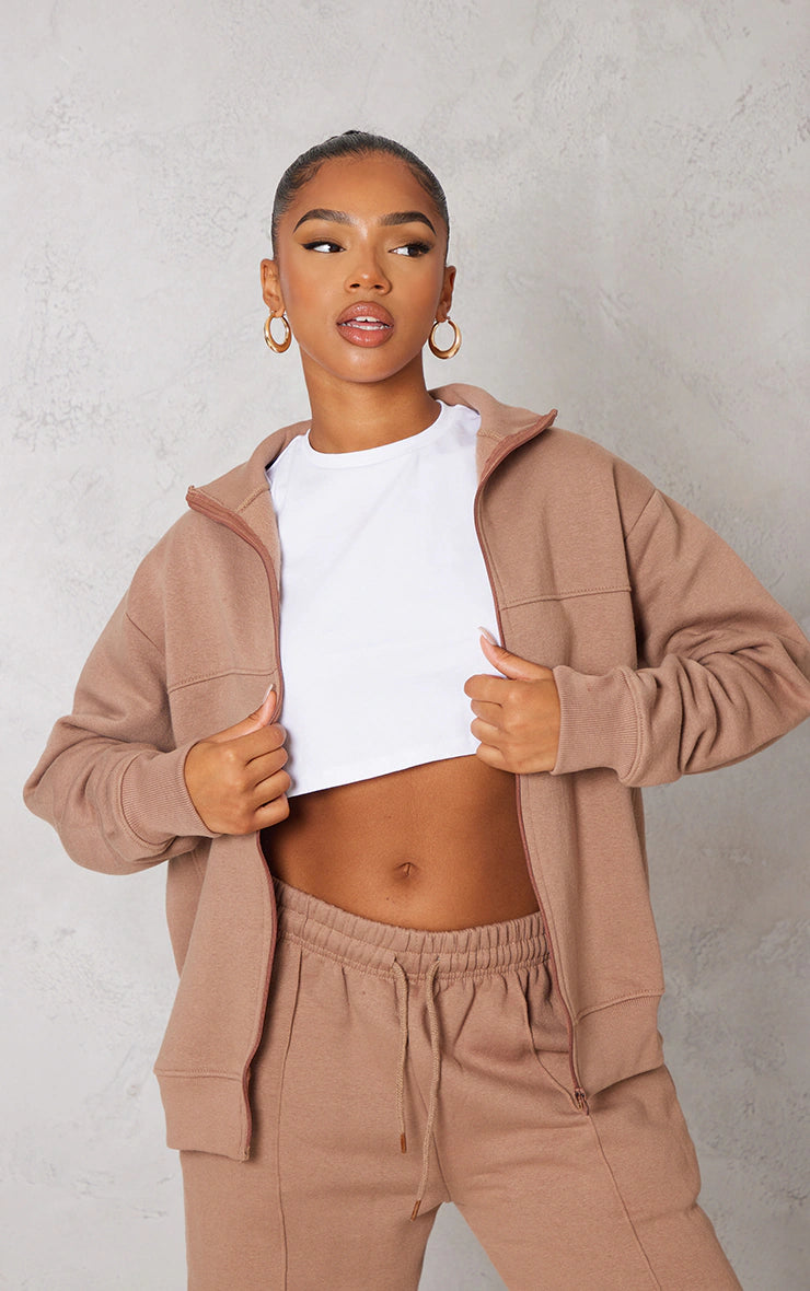 MOCHA SEAM DETAIL ZIP TRACK TOP