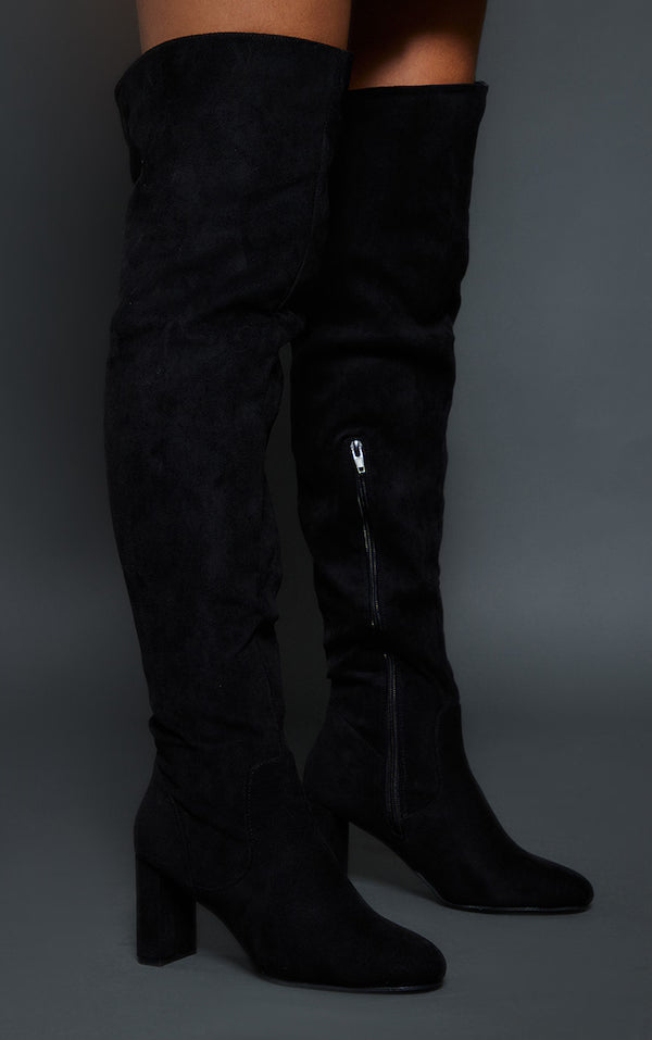 Black Faux Suede Stitch Detail High Block Heeled Over The Knee Boots