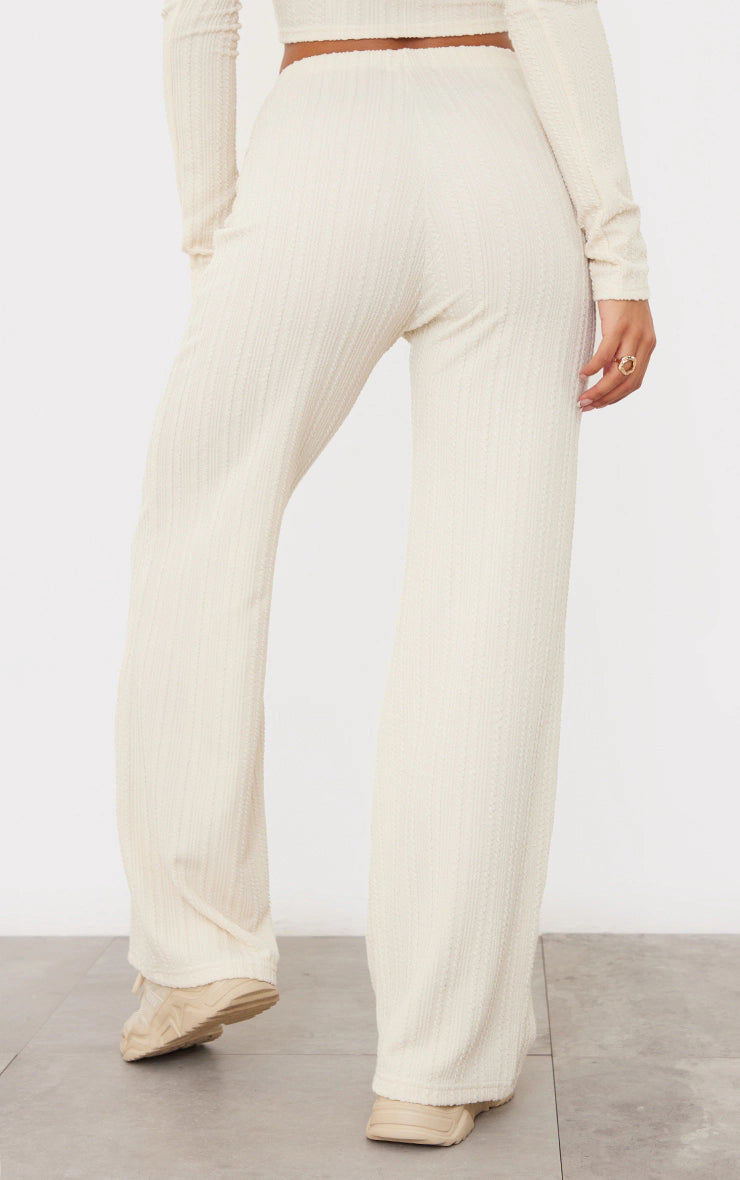 Cream Textured Ribbed High Waisted Wide Leg Trousers