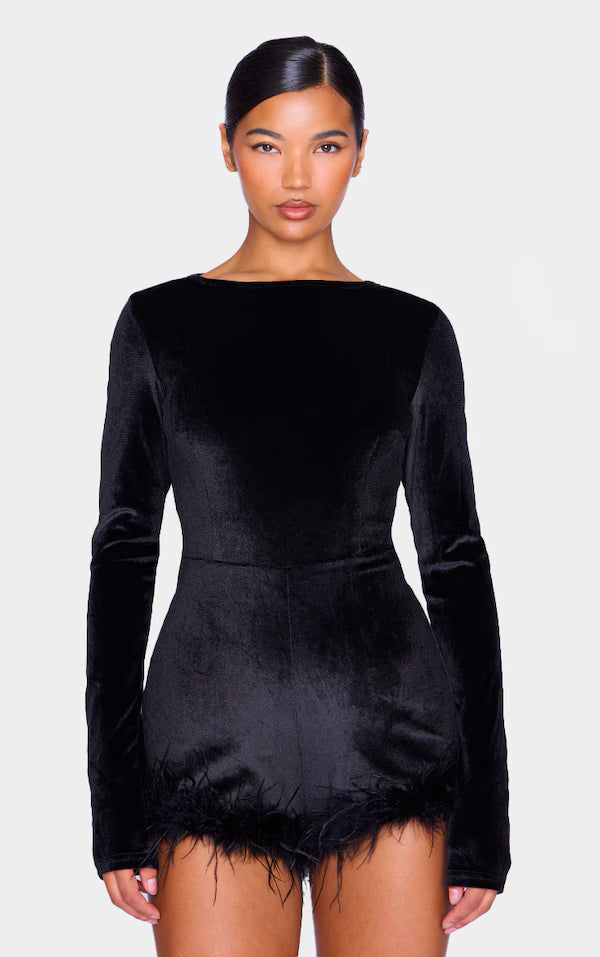 Black Velvet Long Sleeve Feather Trim Playsuit