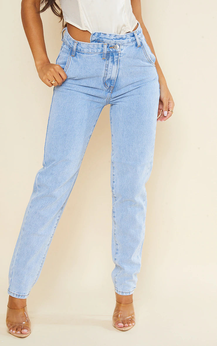 Light Blue Wash Asymmetric Waistband Long Straight Leg Jeans