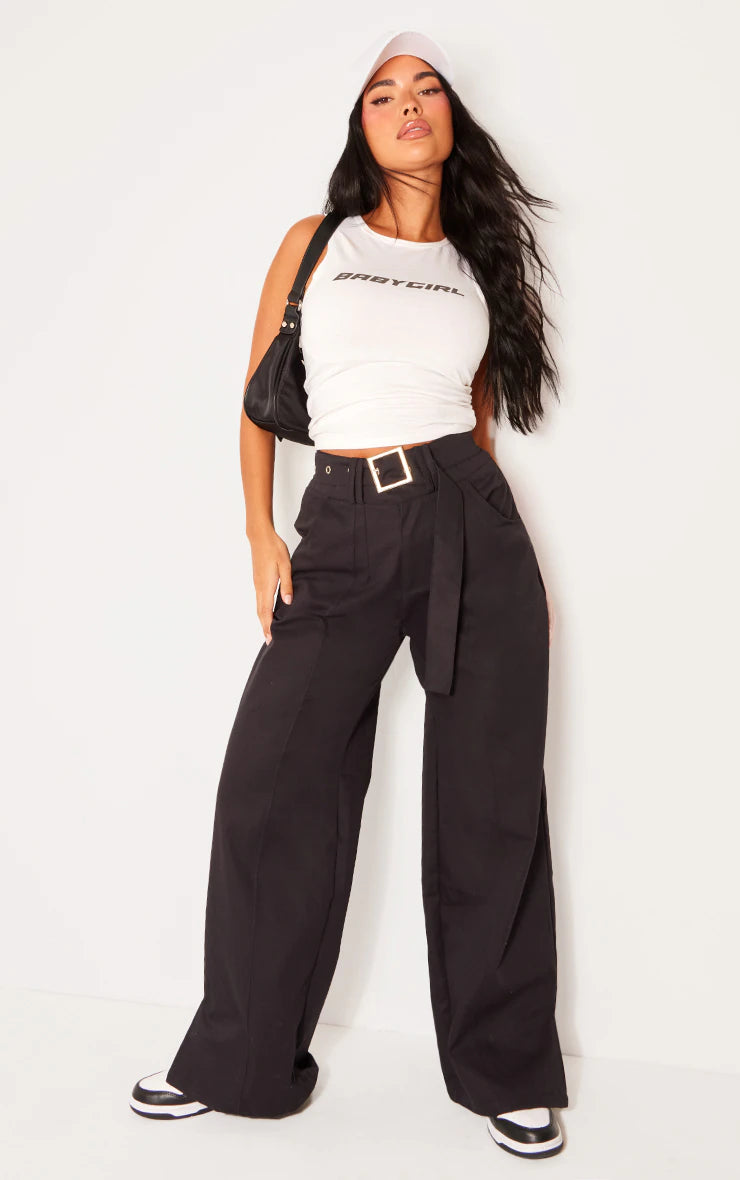 PETITE BLACK BUCKLE FRONT CARGO PANTS