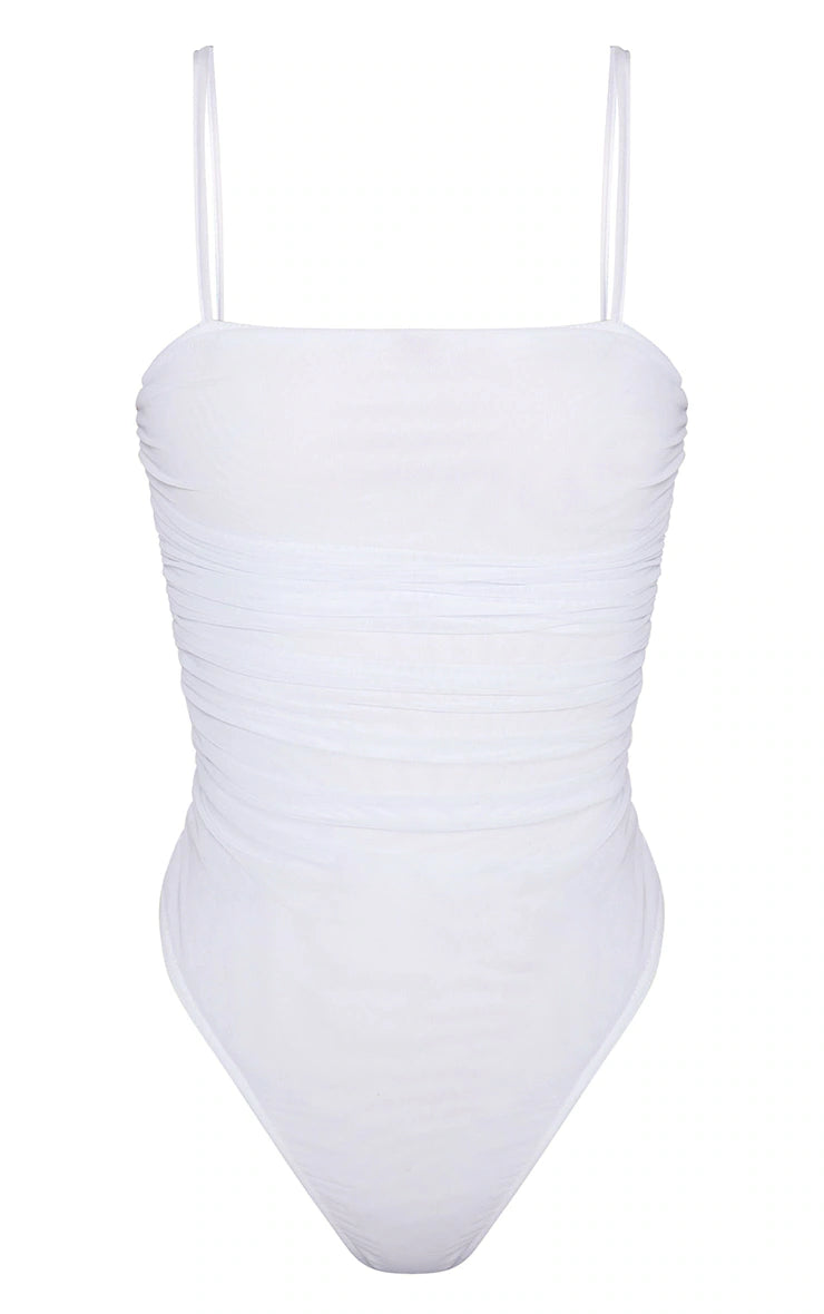 Shape White Mesh Ruched Detail Thong Bodysuit