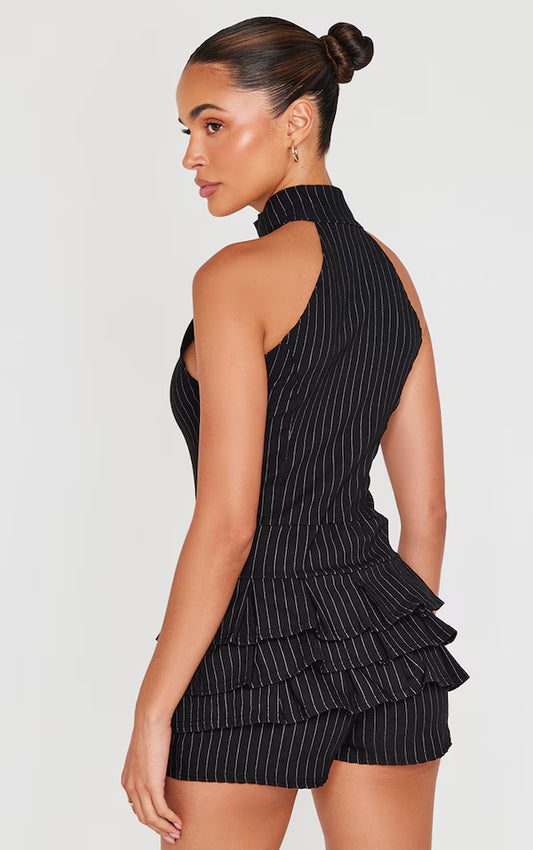 Black Stretch Woven High Neck Rara Skort Playsuit