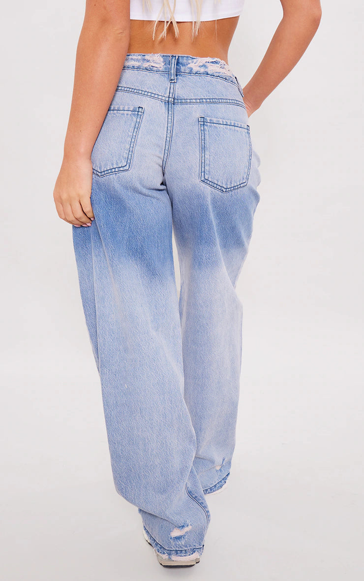 LIGHT WASH FADED RAW HEM SUPER WIDE LEG JEANS