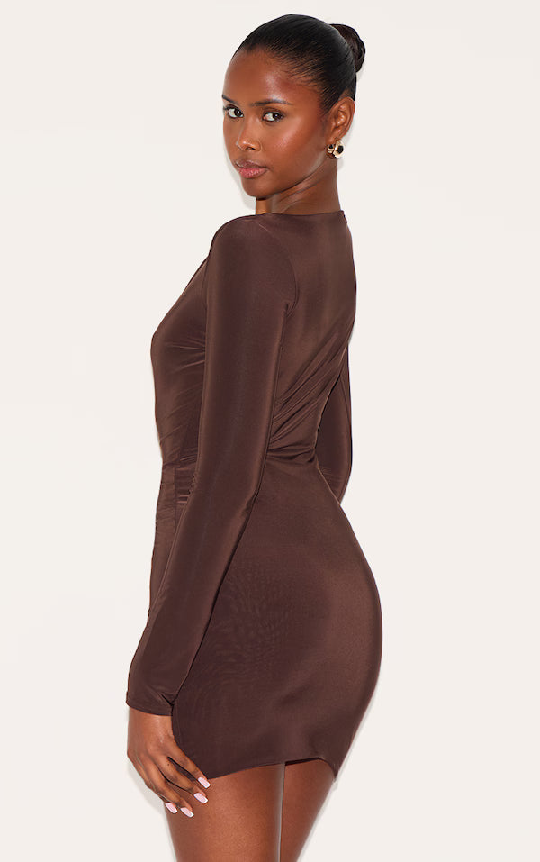 Chocolate Slinky Long Sleeve Mini Dress