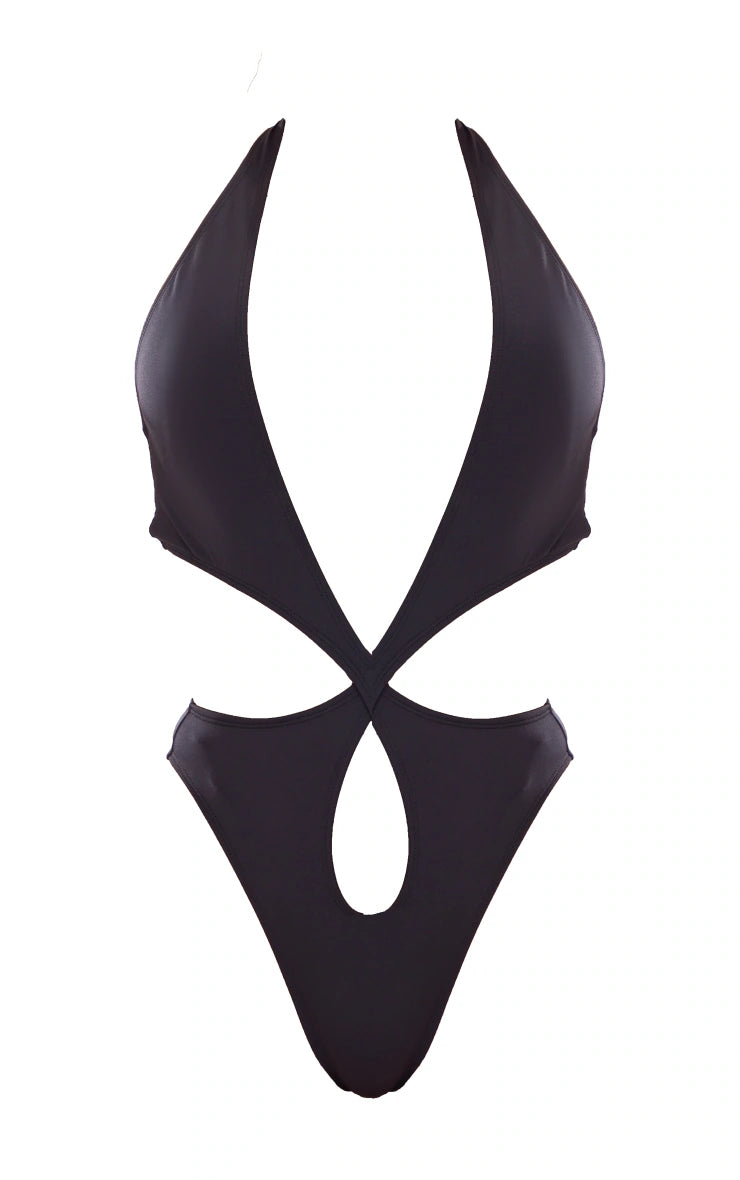 Black Asymmetric Strap Cut Out Swimsuit