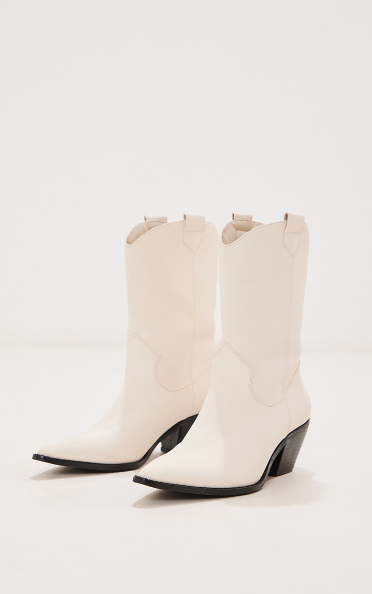 Beige Western PU Stitch Detail Pull On Calf Boots