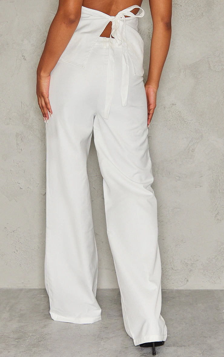 White Woven High Waist Trousers