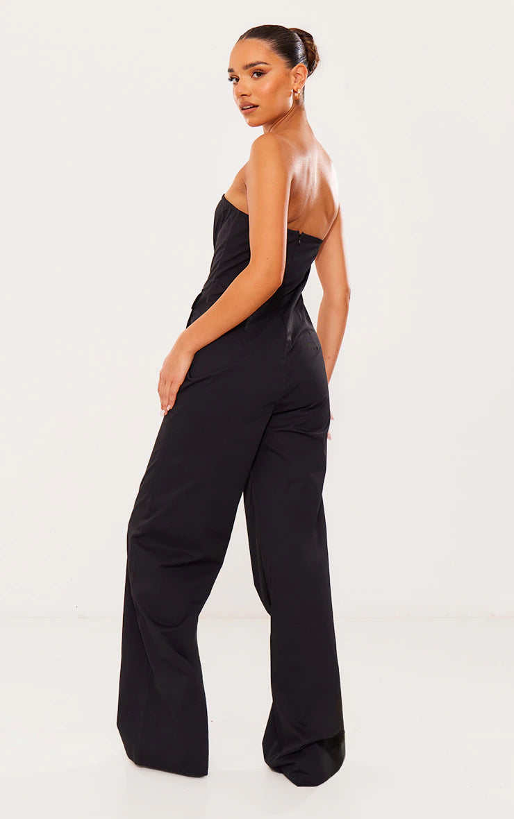 BLACK WOVEN POCKET DETAIL BANDEAU JUMPSUIT