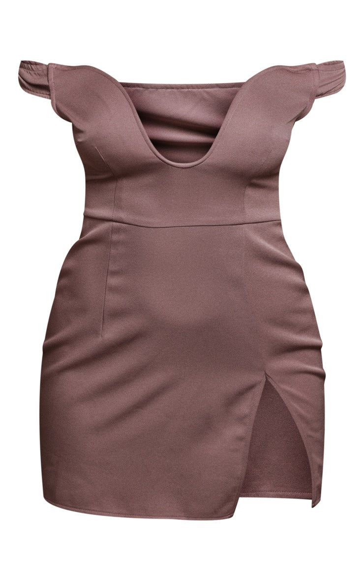 Mauve Woven Extreme V Bar Bardot Bodycon Dress