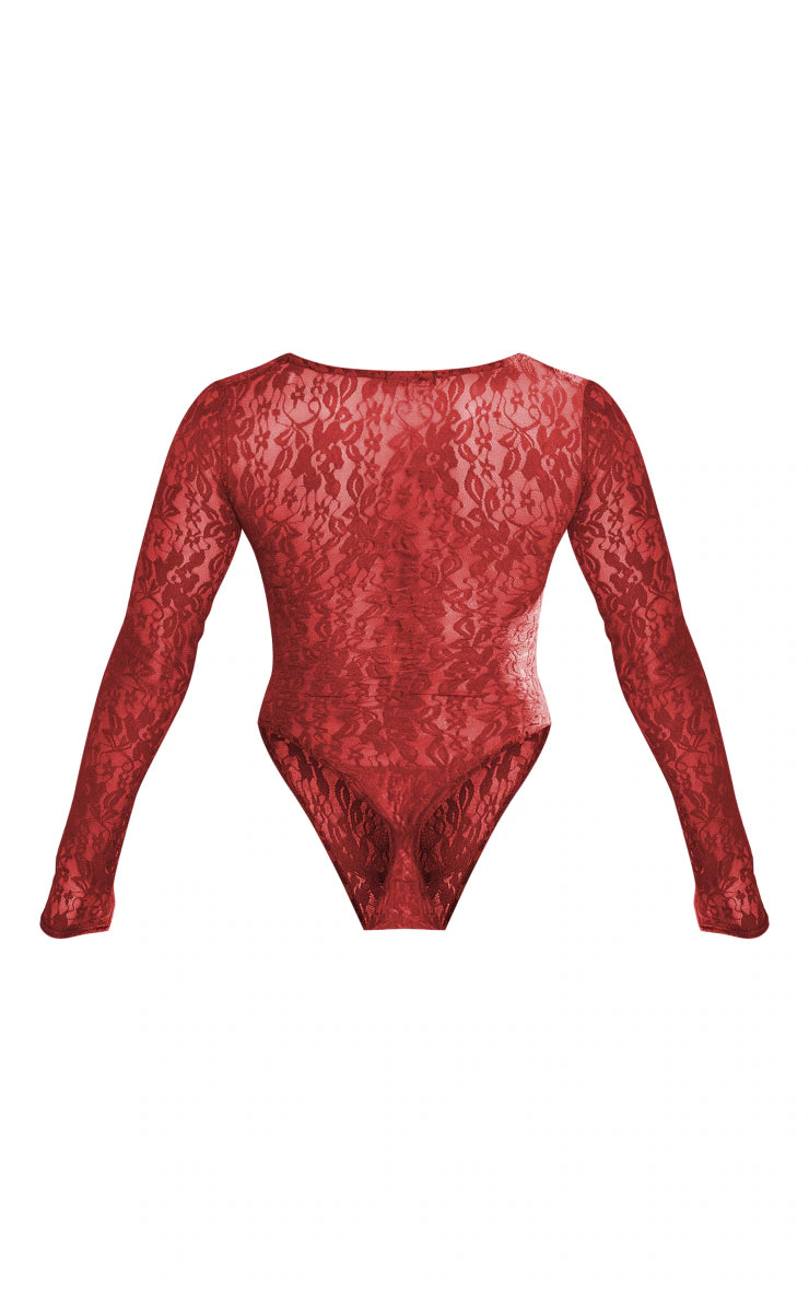 Cherry Red Lace Bandeau Detail Long Sleeve Bodysuit