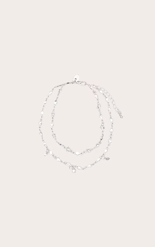 Silver Double Layer Stars And Diamante Chain Anklet