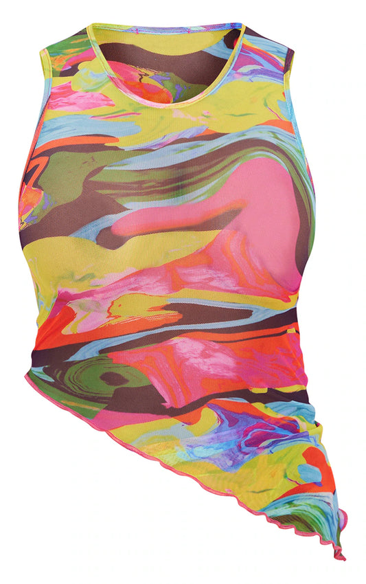 Shape Multi Swirl Print Sheer Mesh Asymmetric Top
