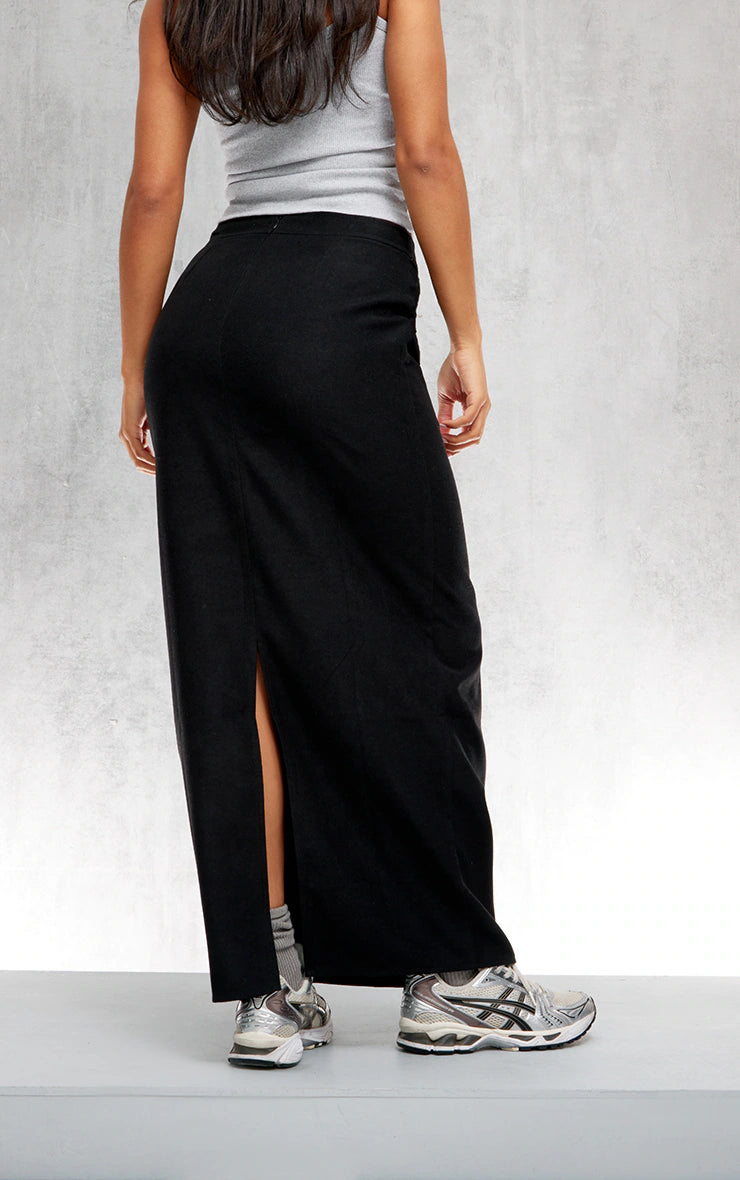 Black Soft Twill Blend Straight Maxi Skirt