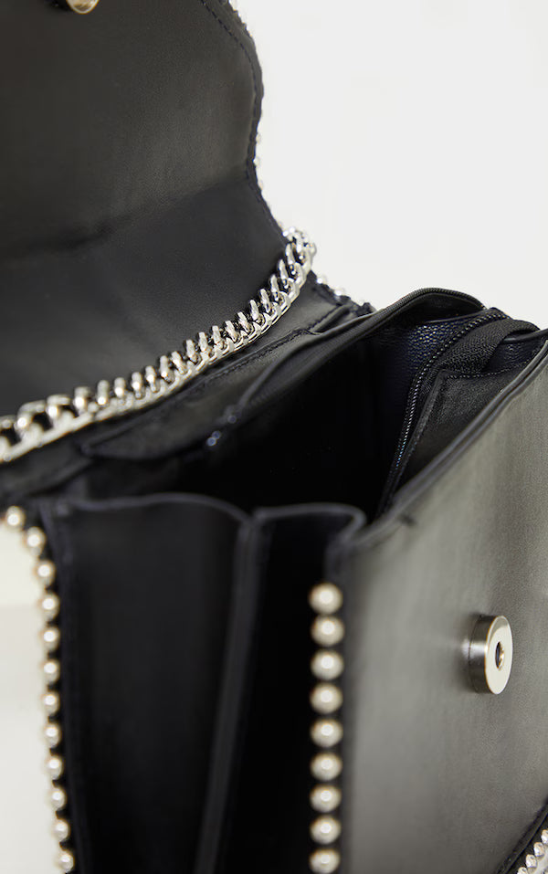 Black PU Chain and Tassel Trim Cross Body Bag