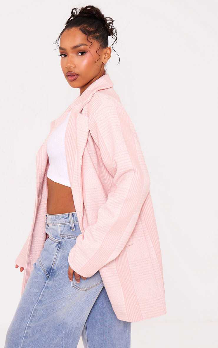 LIGHT PINK TEXTURED OVERSIZED DROP SHOULDER BLAZER