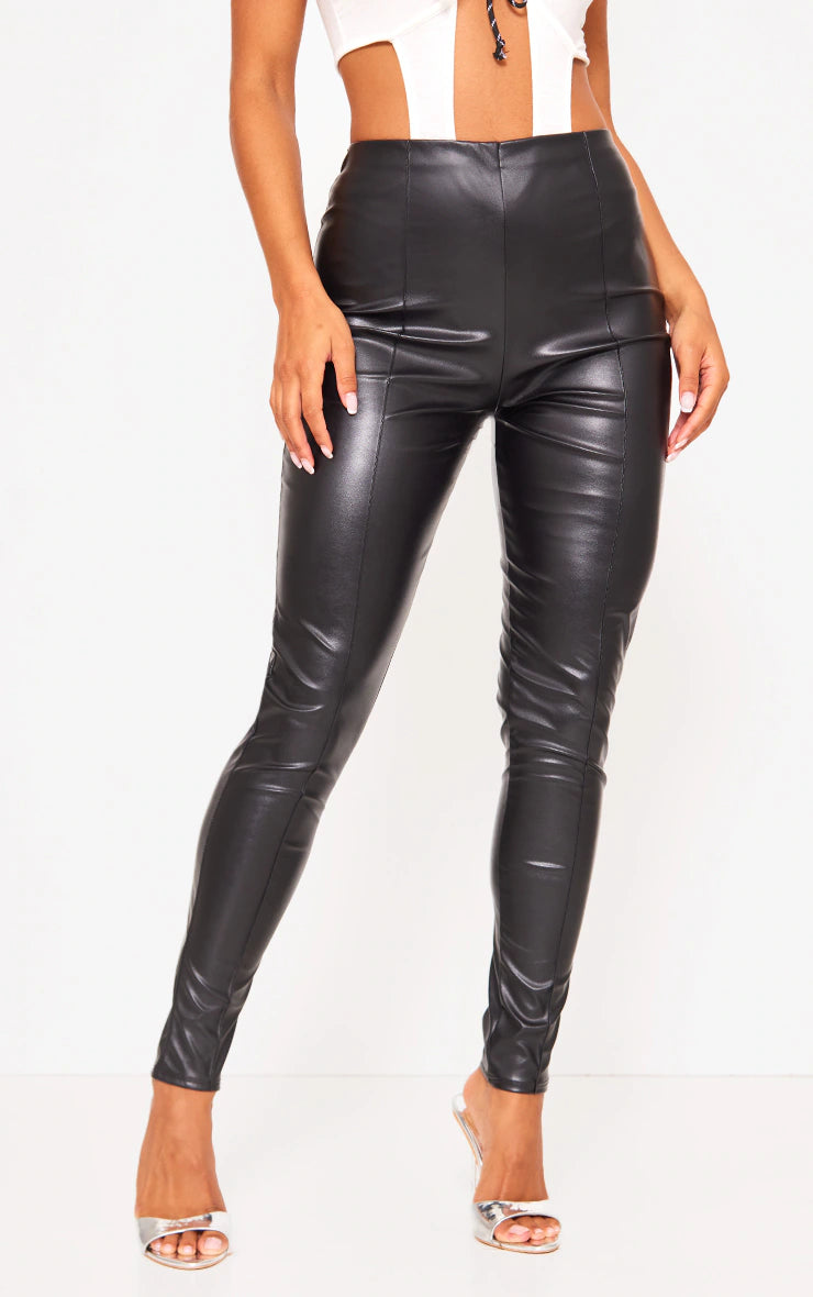 BLACK FAUX LEATHER PINTUCK DETAIL LEGGINGS