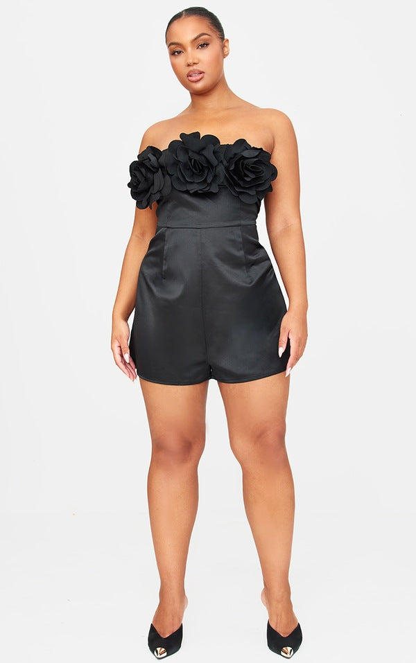 Black Satin Floral Corsage Detail Bandeau Romper