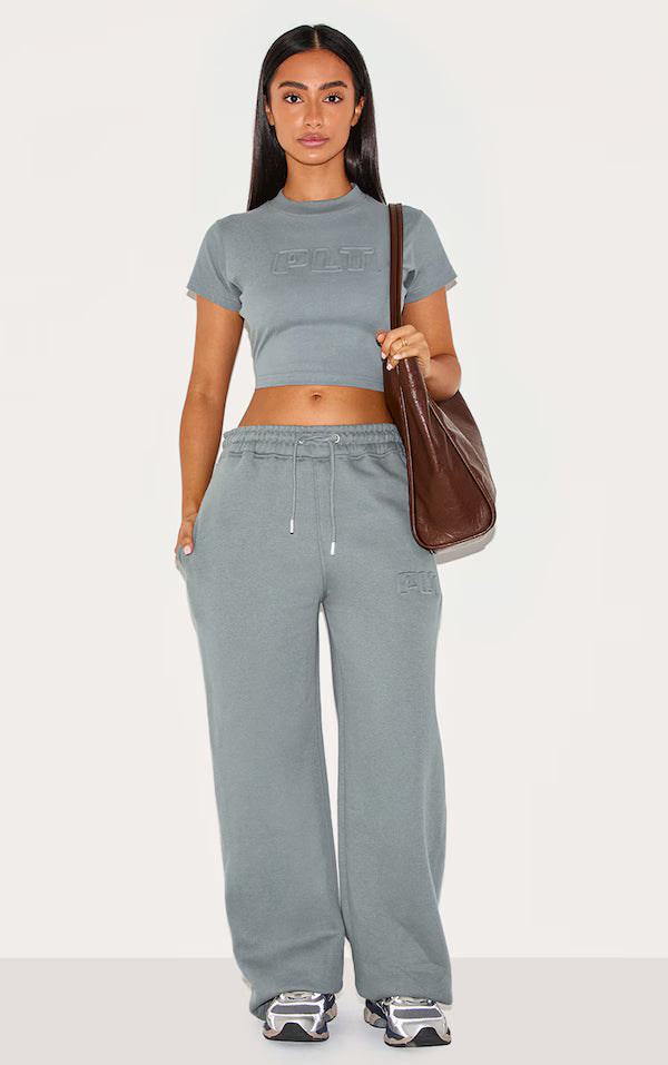 Plt - Petite Teal Plt Embossed Wide Leg Joggers