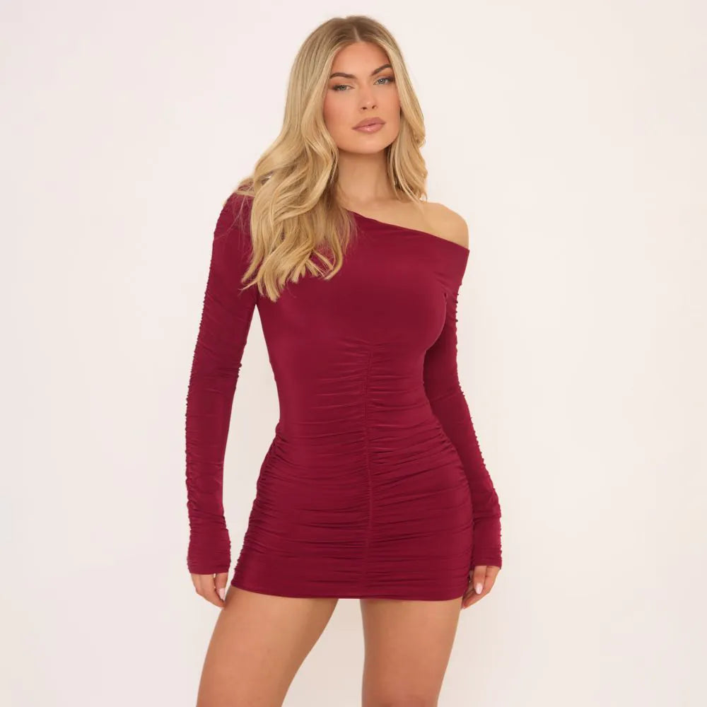 Long Sleeve Slash Neck Ruched Double Layered Mini Dress In Burgundy Slinky