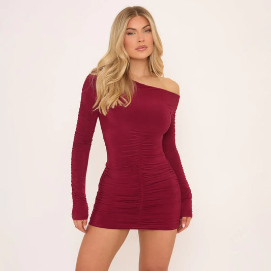 Long Sleeve Slash Neck Ruched Double Layered Mini Dress In Burgundy Slinky